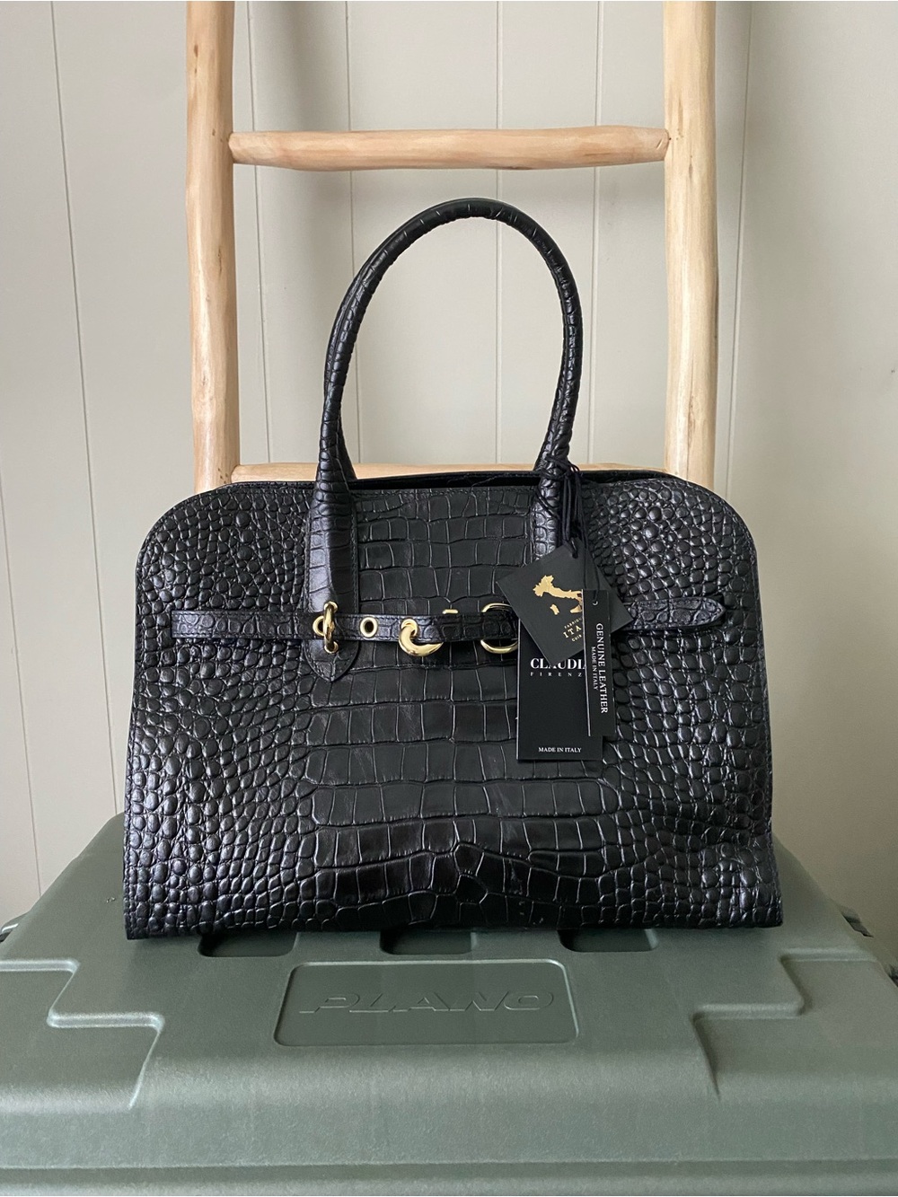 Claudia Italy Black Croc-Embossed belted leather Structured Satchel